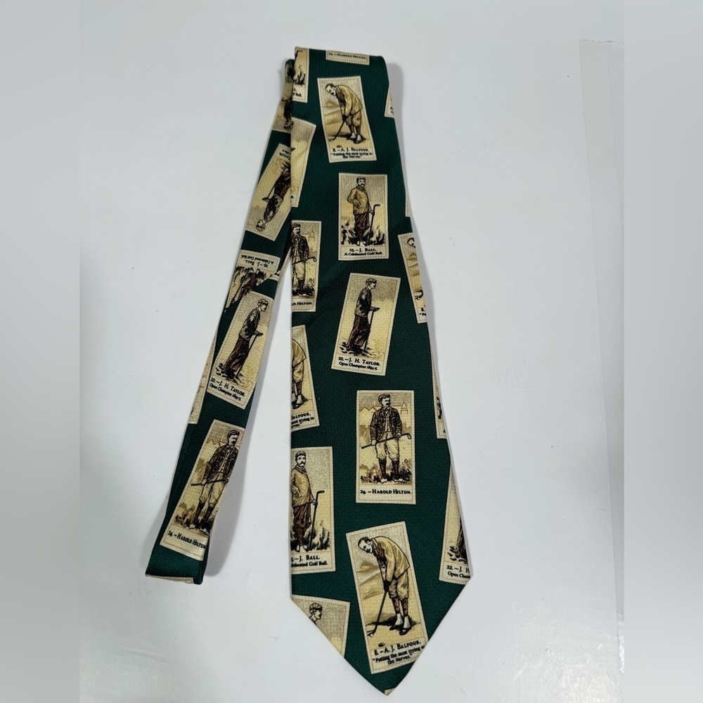 Men's Tie Green Golf Legends Ball Balfour Hilton Taylor AKA Eddie Bauer- silk